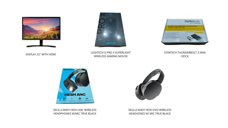 Thumbnails show of various products: a monitor, a mouse, a mini dock, and two headsets.